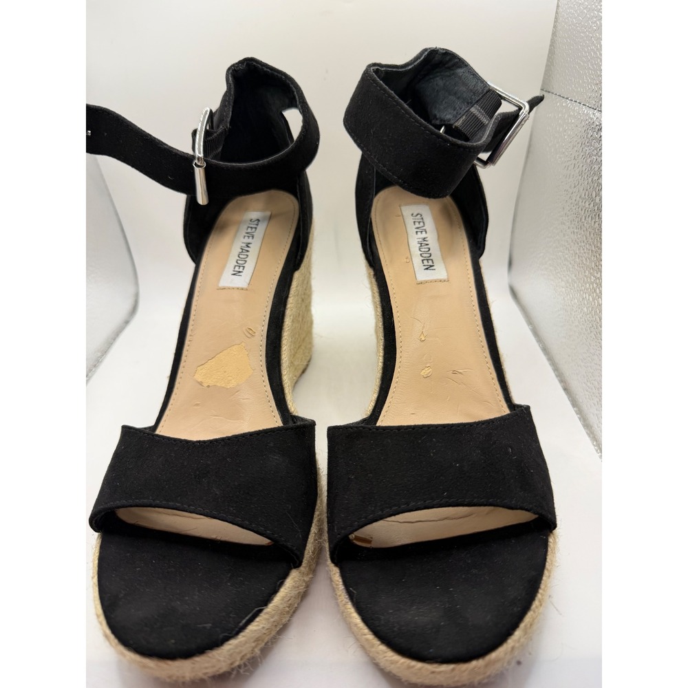 Steve Madden Villa Black Espadrille Wedge Sandals Ankle Strap 8.5M VILL01S1